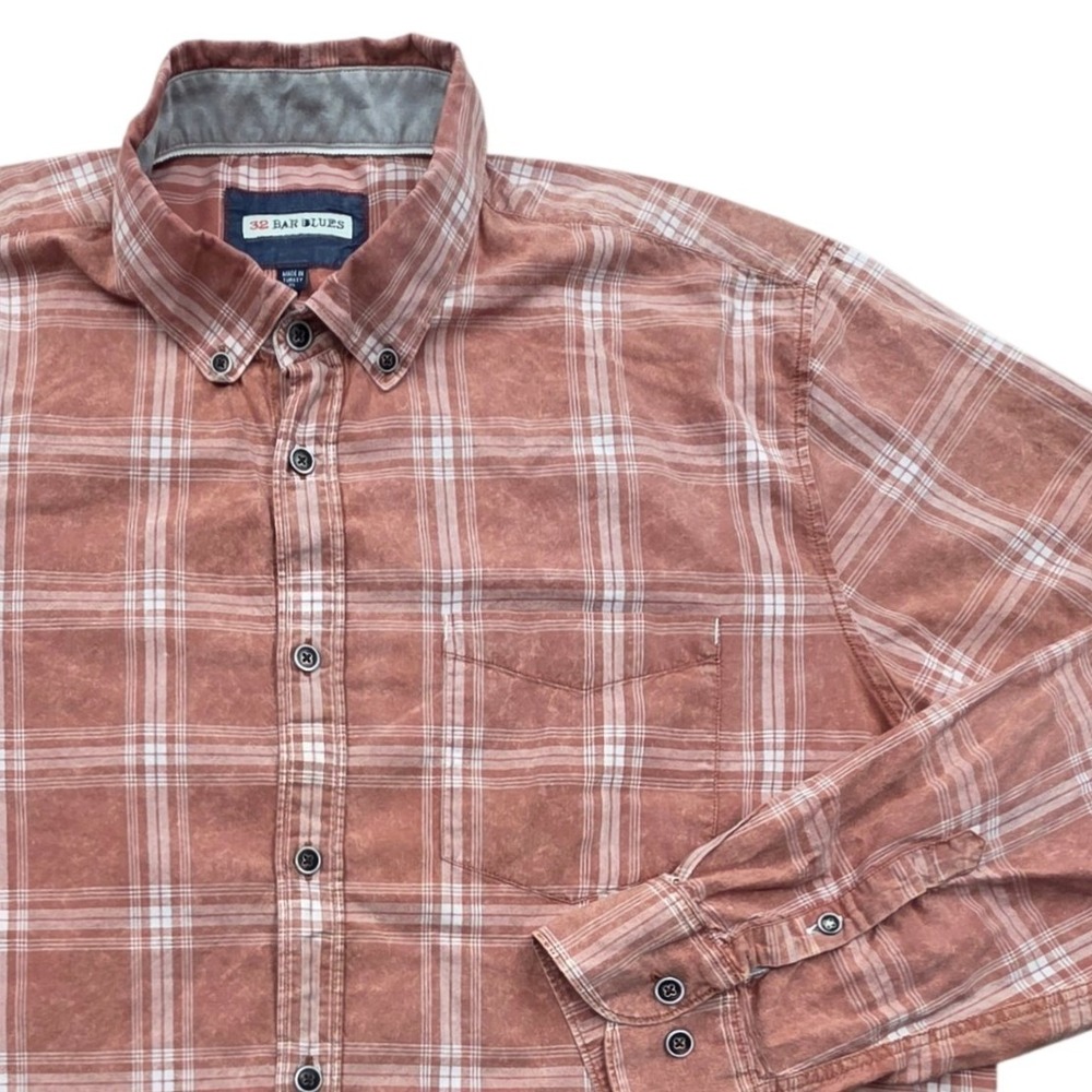 32 Bar Blues Plaid Button Down Long Sleeve Shirt Terracotta Cotton Mens XL